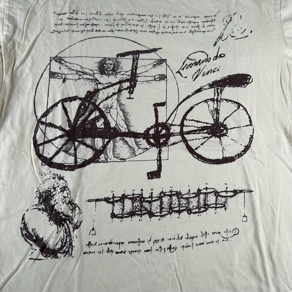 Vintage Leonardo Da Vinci Shirt Men Large Biege Short Sleeve Graphic Art 90s Y2K - Picture 3 of 7